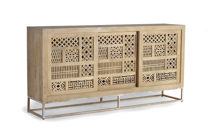 GINER Y COLOMER - Buffet en bois de manguier et métal, 3 portes coulissantes, couleur naturel, 190x95x40 cm